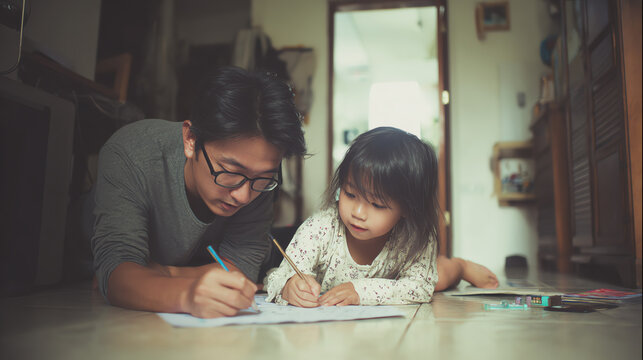 A father and daughter enjoy a creative afternoon together, drawing on the floor in a cozy home setting, fostering bonding and fun.