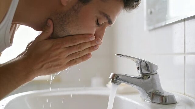 Washing man in white tanktop at bathroom sink as faucet runs, cupping, splashing to refresh skin