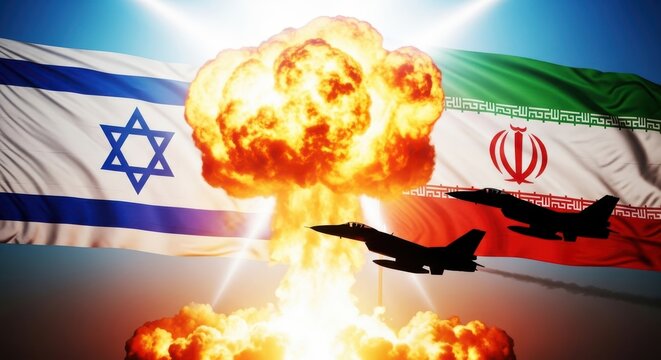 Military jets flying over a massive explosion with the flags of israel and iran in the background, symbolizing geopolitical conflict and tension