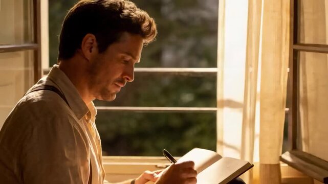 Writing man starting after pen poised, journaling thoughts at window with notebook, suspenders