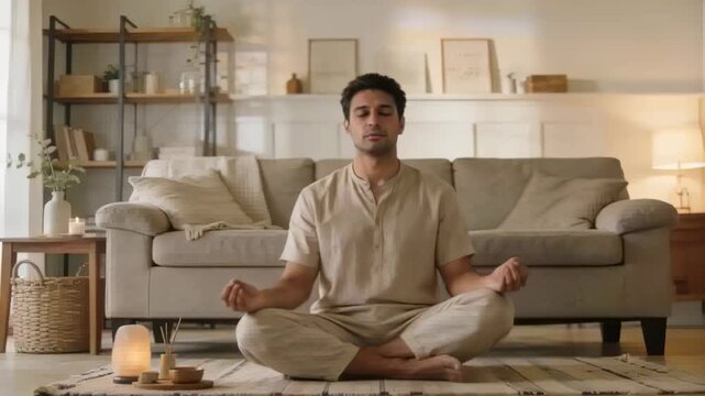 Settling man wearing beige clothes holding gyan mudra on living-room rug seeking calm by salt lamp