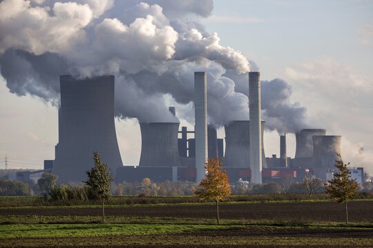 RWE Power AG, Niederaussem power plant, lignite-fired power plant, steaming chimneys, coal exit, Bergheim, Rhenish lignite mining area, North Rhine-Westphalia, Germany