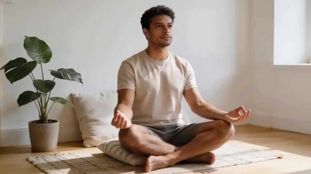 Settling into meditation, man holding Gyan mudra on striped cushion by window for mindfulness