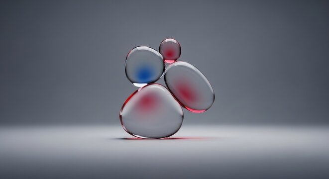 A cluster of translucent glass or plastic spheres in various sizes and colors on a gray background for design and creativity