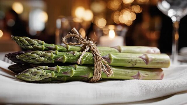 Fresh Asparagus Spears Tied With Natural Twine on Linen