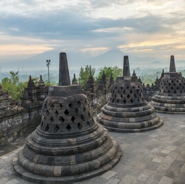 Borobudur temple, stupas, cloudy sky, Borobudur, Yogyakarta, Java, Indonesia