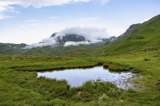 Mountain landscape and small pond, clouds moving around mountain peaks, Grindelwald First, Bernese Alps, Bernese Oberland, Switzerland