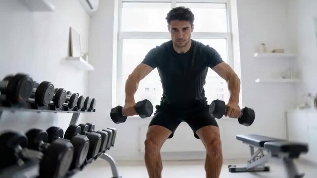 Lifting black-clad man doing bent-over lateral raises with hex dumbbells from low squat in studio