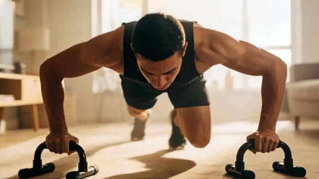 Starting plank, man in gear holding pushup handles at home alternating knees lowering training core