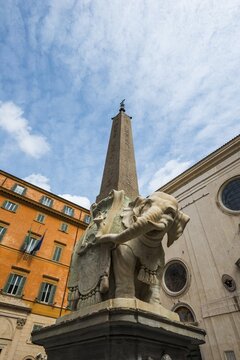 Bernini's Elephant, Pulcino della Minerva, elephant statue at the base of the obelisk Obelisco della Minerva, by Ercole Ferrata, Rome, Lazio, Italy