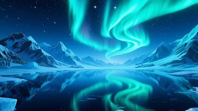 Aurora dancing over snowy mountains