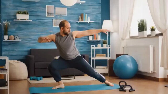 Flowing man grey tank releasing right foot, rising to balance on living-room blue mat for mobility