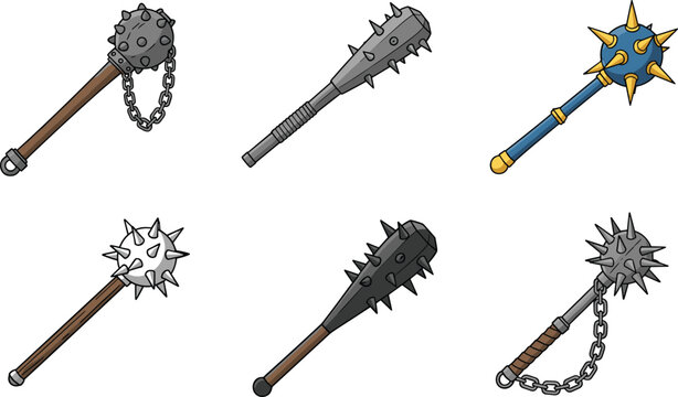 Set of medieval spiked maces with chains in various designs and colors for fantasy weapon illustrations on white background.