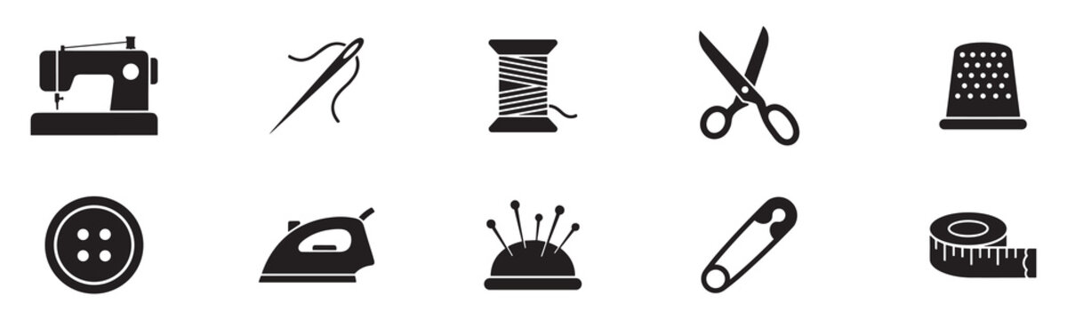 Sewing icons collection. icon set of sewing and tailoring training: needle, thread spool, scissors, other. Vector Illustration. EPS 10