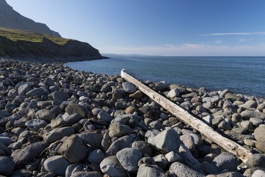 Stones and driftwood log, Sandv&iacute;k, Skagafj&ouml;r&eth;ur, Northern Iceland, Iceland