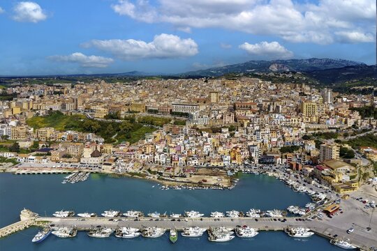 Aerial view, front harbor, fishing port, fishing boats, ships, back Sciacca, picturesque, port town, thermal spa, Agrigento Free Community Consortium, Sicily region, Italy, Mediterranean