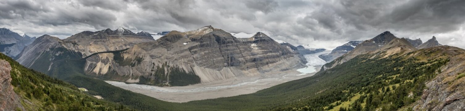 View in valley with glacier tongue, Parker Ridge, Saskatchewan Glacier, Athabasca Glacier, Jasper National Park, Canadian Rocky Mountains, Alberta, Canada