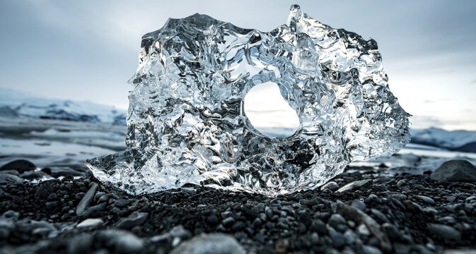 Ice, ice chunks with hole at the black gravel beach, glacier lagoon J&ouml;kuls&aacute;rl&oacute;n, glacier lake, southern edge of Vatnaj&ouml;kull, southeast Iceland, Iceland