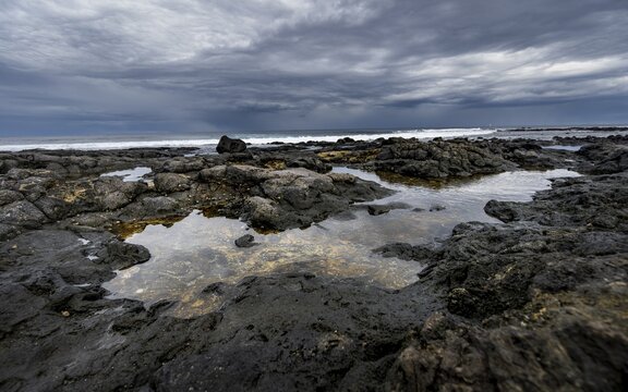 Tide pools, rocky coast with volcanic stones, Playa de la Peque&ntilde;a, Punta Usaje, Lanzarote, Canary Islands, Spain