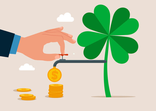 Clean money. Hand opening water tap from clover leaf and money is pouring out of the tap. Luck for success, blessing for work opportunity, chance, happiness. Flat vector illustration