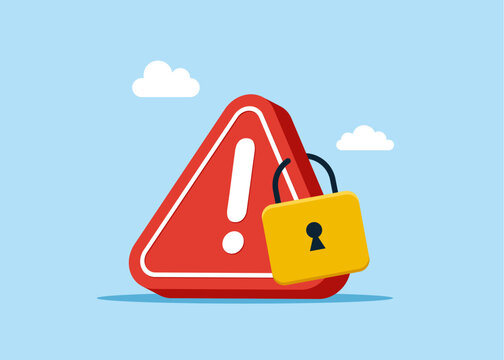 Exclamation mark of attention on lock. Symbol blocked. Crisis. Flat vector illustration