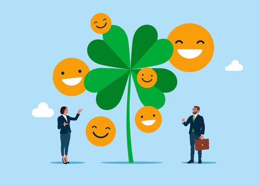 Lucky clover with smiling face symbols.  Idea, happiness, success, chance. Flat vector illustration.