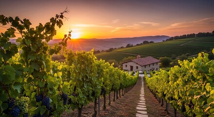 Fototapeta premium Vineyard landscape at sunset with rows of grapevines and a distant building