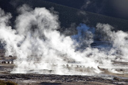 The hot springs steam most at sunrise, El Tatio Geyser Field, Regi&oacute;n de Antofagasta, Chile, South America