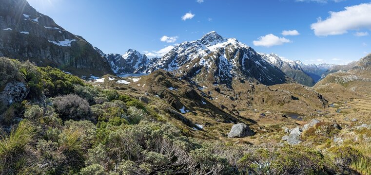 View into the Route Burn Valley with creek, Conical Hill, Mount Xenicus, Routeburn Track, Mount Aspiring National Park, Westland District, West Coast, South Island, New Zealand