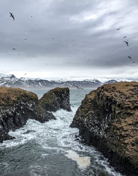 Heavy sea at the coast in a small bay, Arnarstapi, West Iceland, Iceland