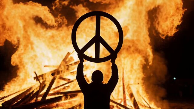 Gusting wind fanning pyre flames, silhouetted adult in jacket holding peace-symbol sign at night