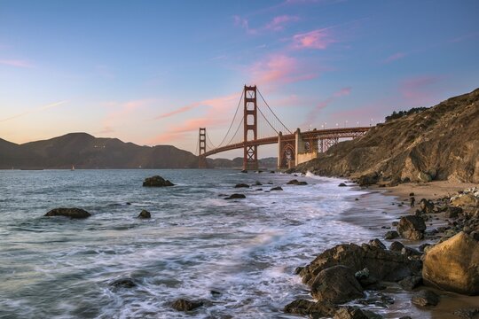 dusk at Golden Gate Bridge, Marshall's Beach, rocky coast, San Francisco, USA, North America