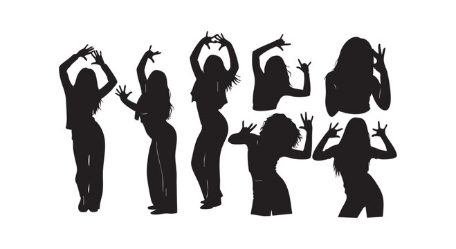 Dancing women silhouettes set, female dancers in various poses, ladies performing movement, modern style.