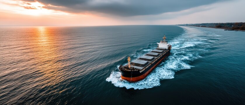 Bulk carrier ship navigates stormy sea at dusk with sun setting behind dark clouds and waves crashing against its hull