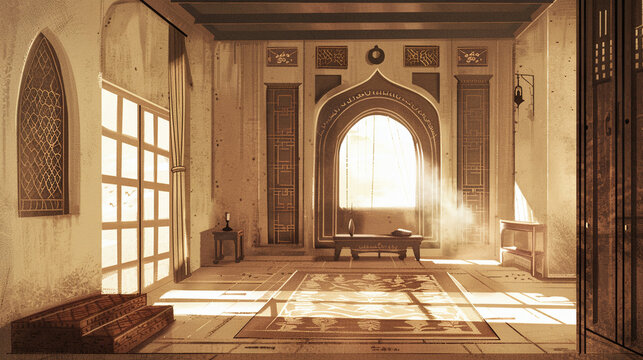 Warm Islamic Interior Illustration with Ramadan Ambience and Traditional Arabesque Architecture