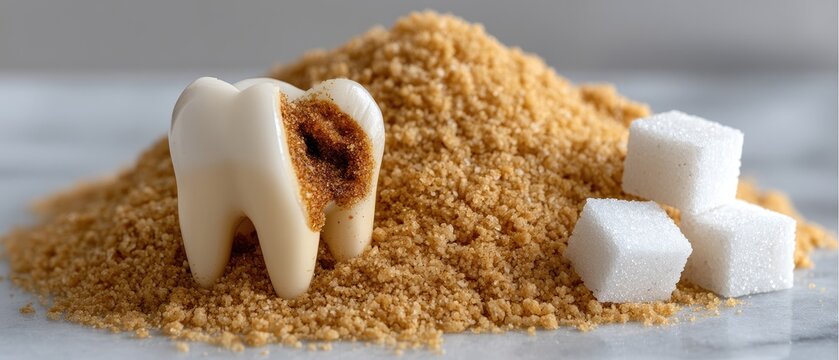 Damaged tooth figurine rests on brown sugar with white sugar cubes arranged around in a clean, high-end commercial setting