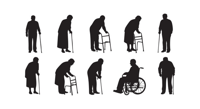 Elderly silhouettes set with senior people using walkers walking sticks and wheelchair for mobility and health assistance.