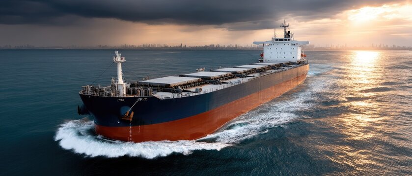 Cargo ship sails through rough waters at sunset with waves crashing around its bow and a dramatic sky overhead