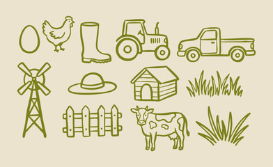 Minimalist countryside farm life hand drawn vector set with tractor, cow, chicken, windmill, fence and pickup truck © CreativeVerse
