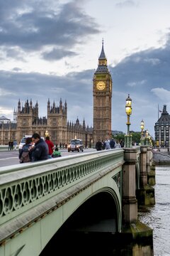 View of Westminster Bridge, Palace of Westminster, Houses of Parliament, Big Ben, at dusk, City of Westminster, London, England, United Kingdom