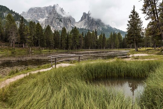 Lake Antorno in front of mountain range Cadini Group, Sexsten Dolomites, Belluno, Italy