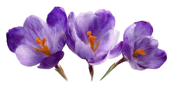 Vibrant Purple Crocus Flowers Three Bloom in Close Up
