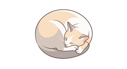 Fototapeta premium A sleeping cartoon cat, curled in a ball, is depicted in a soft, pastel vector illustration with gentle shading against a clean white background, conveying a peaceful and serene mood