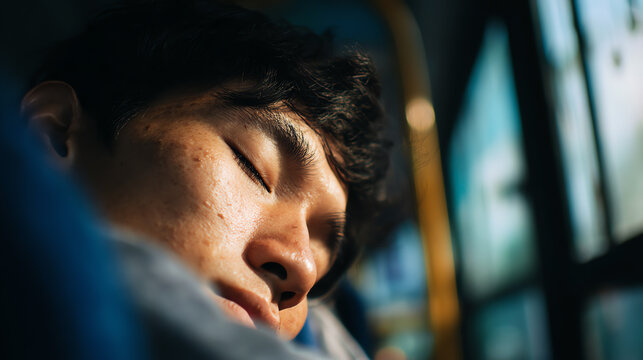 A peaceful moment captured as a young man sleeps soundly, surrounded by soft light and the tranquility of his surroundings.