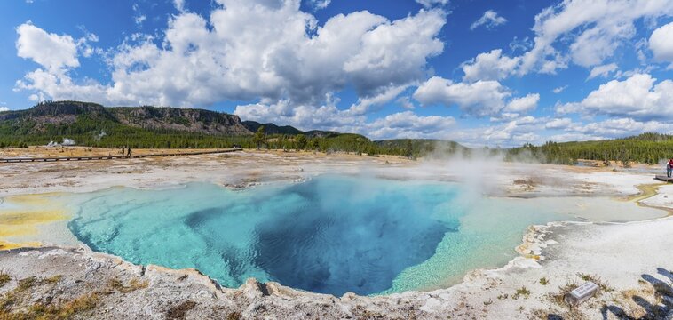 Black Opal Pool, Hot Spring, Yellow Algae and Mineral Deposits, Biscuit Basin, Yellowstone National Park, Wyoming, USA