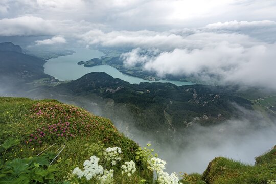 Cloud-covered lake, view of the Mondsee from the summit of the Schafberg, Salzkammergut, Salzburg, Austria