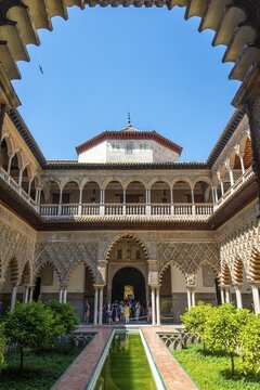 Patio de las Doncellas, Court of the Virgins, Italian Renaissance courtyard with stucco arabesques in Mudejares style, Royal Palace of Seville, Real Alc&aacute;zar de Sevilla, Seville, Spain
