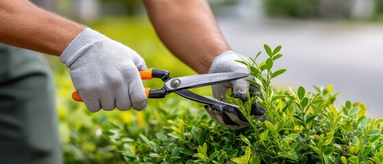 Naklejka premium Hands using pruning shears to trim small leaves on a green boxwood shrub in bright outdoor light during gardening activity