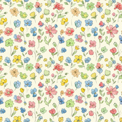 Fototapeta premium Subtle pastel floral background with tiny blossoms and leafy stems