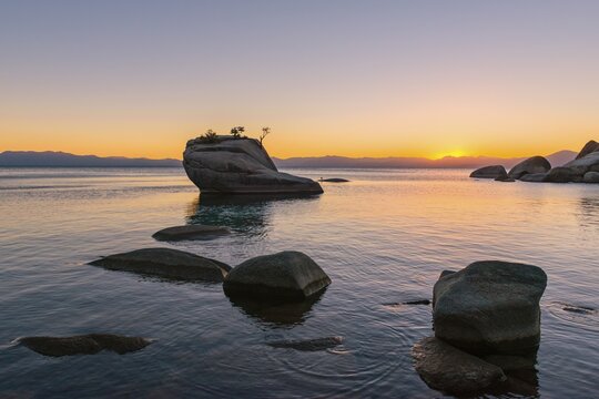 Bonsai Rock, small tree on a rock in the water, sunset, Lake Tahoe, California, USA